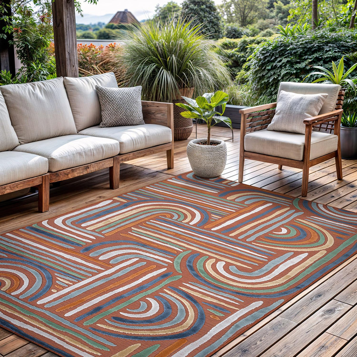 CAMILSON Indoor Outdoor Rug, Multicolor 6x9 Geometric Arch Striped Area Rugs for Patio and Home Areas, Easy-Cleaning Non-Shedding Living Room, Garden and Deck Washable Outside Carpet (6 x 9)