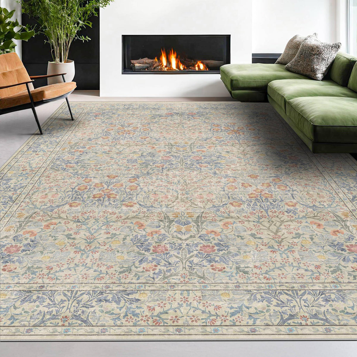 Floral Dark Green Washable Area Rugs 8x10, Vintage Living Room Rug