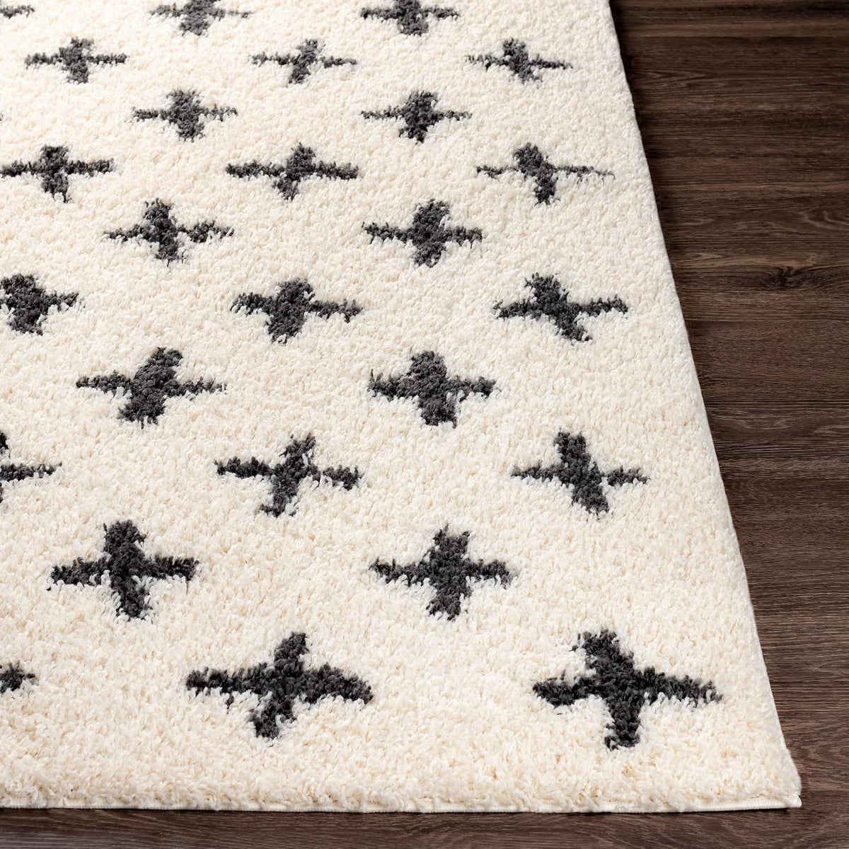 Livabliss Area Rugs - 5x7 Soft Mora Moroccan Boho Black Cream Shag Rug for Living Room Bedroom - Geometric Plush Pile Stain Resistant Bohemian Carpet for Dining Room, Nursery and Office (5'3" x 7')