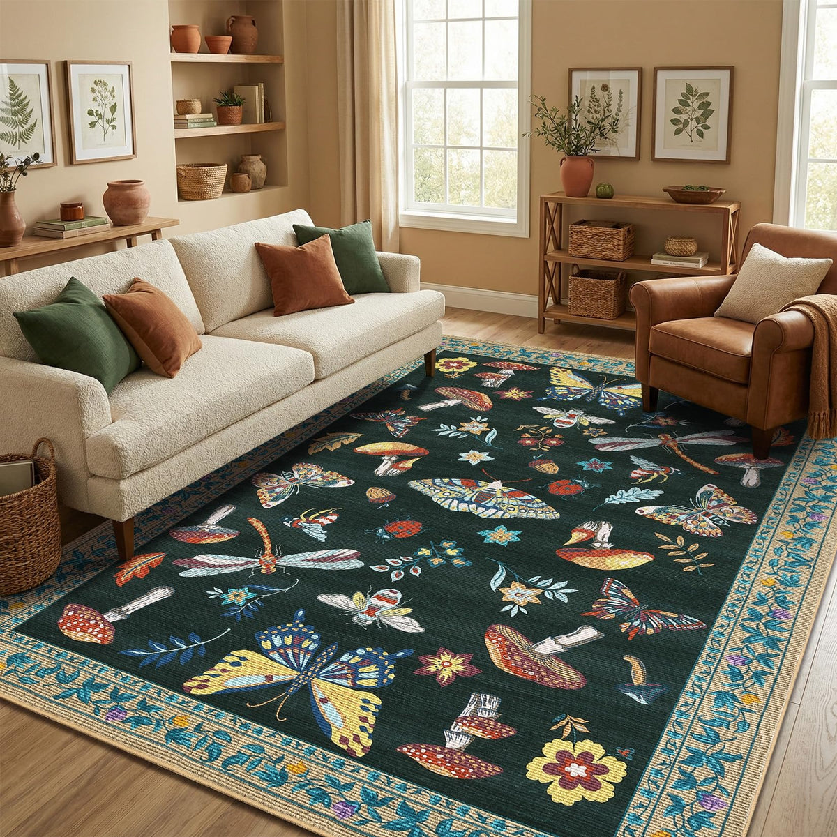 ROYHOME Mushroom Insect Washable Rug 5x7 for Bedroom Living Room Brown