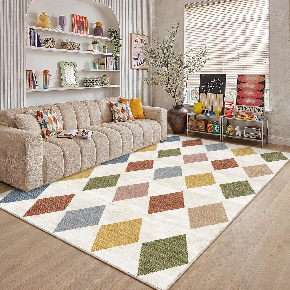 PureCozy 8x10 Washable Area Rug Living Room Beige Non Slip Checkered Carpet