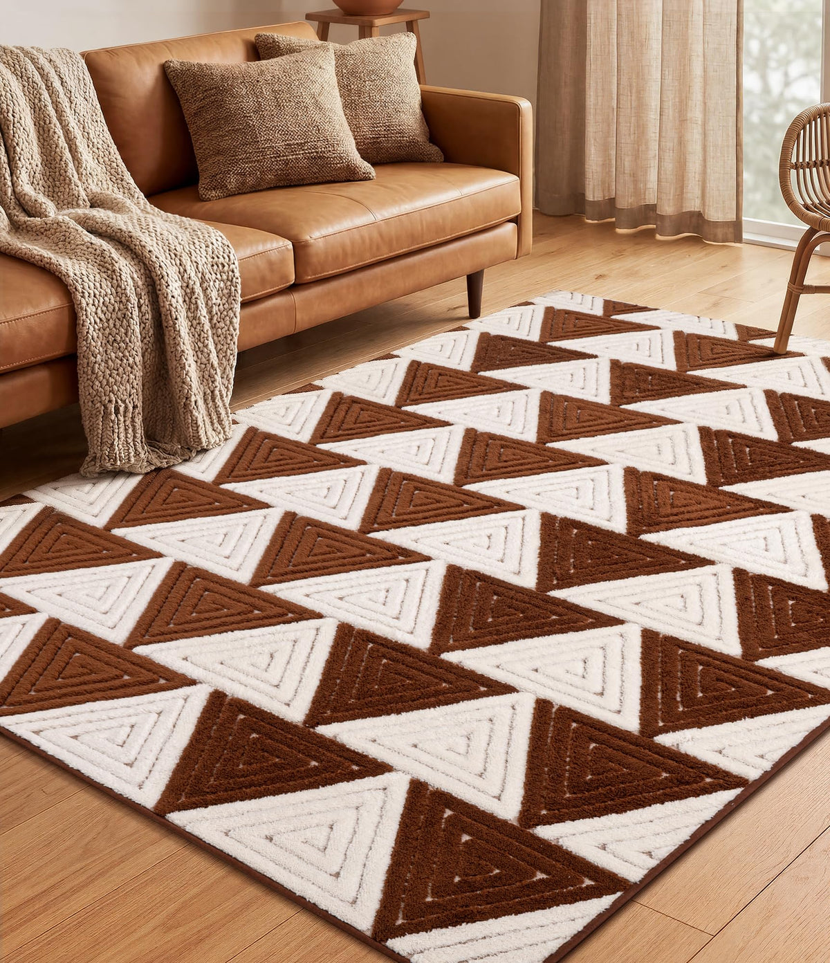 YIHOUSE Neutral Ultra Soft Area Rugs for Bedroom 5x7, Beige Geometric Rug with Triangular Patterns, Comfortable Plain Area Rug for Bedroom, Japandi Washable Rugs for Living Room