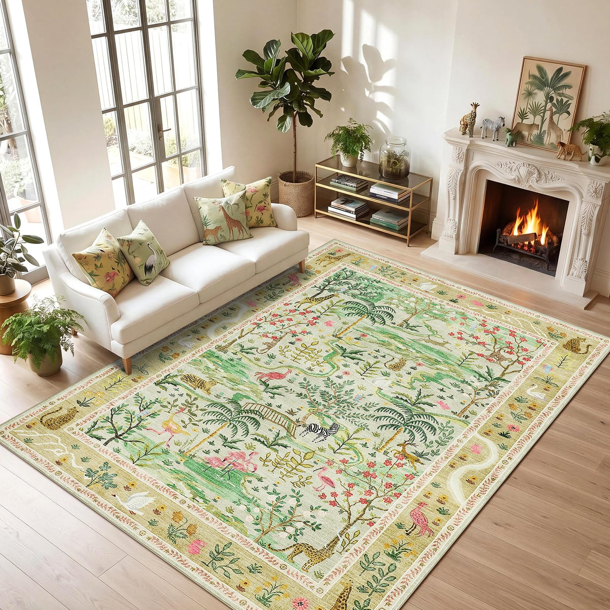 Washable Area Rug 5x7 Green Animal Print Rugs for Nursery Non Slip Stain Resistant Forest Fairy Tale Throw Carpet Low Pile Whimsical Safari Area Rugs for Entryway Girls Bedroom Dining Room, Green