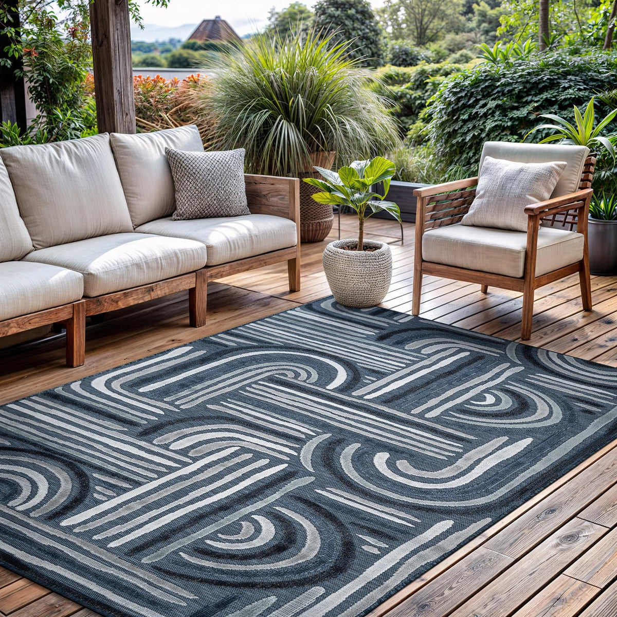 CAMILSON Indoor Outdoor Rug, Multicolor 6x9 Geometric Arch Striped Area Rugs for Patio and Home Areas, Easy-Cleaning Non-Shedding Living Room, Garden and Deck Washable Outside Carpet (6 x 9)