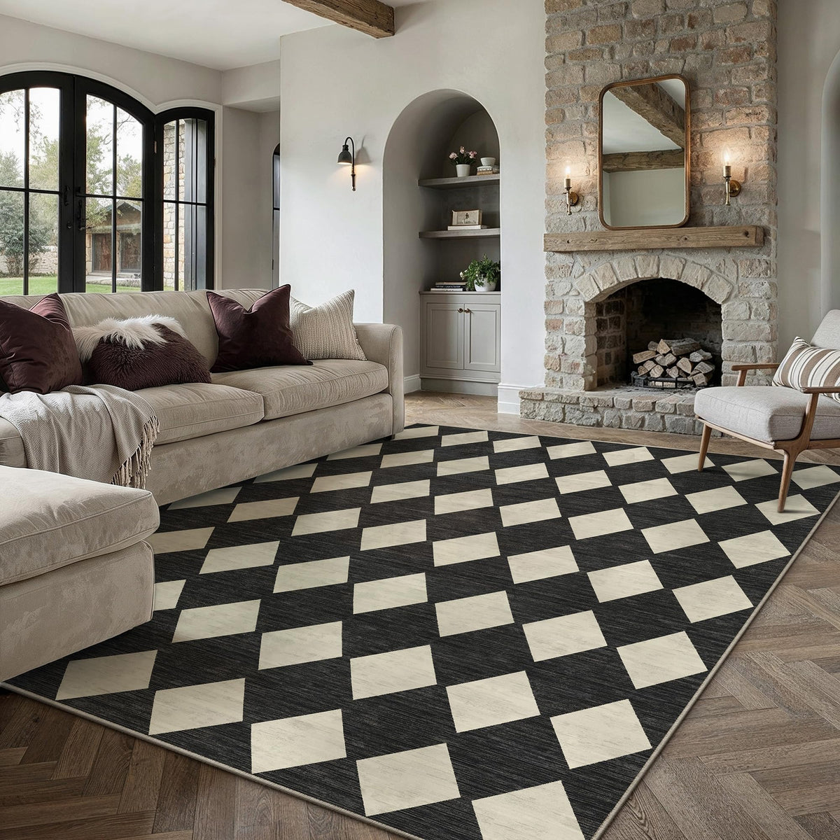 PureCozy 8x10 Washable Area Rug Living Room Beige Non Slip Checkered Carpet