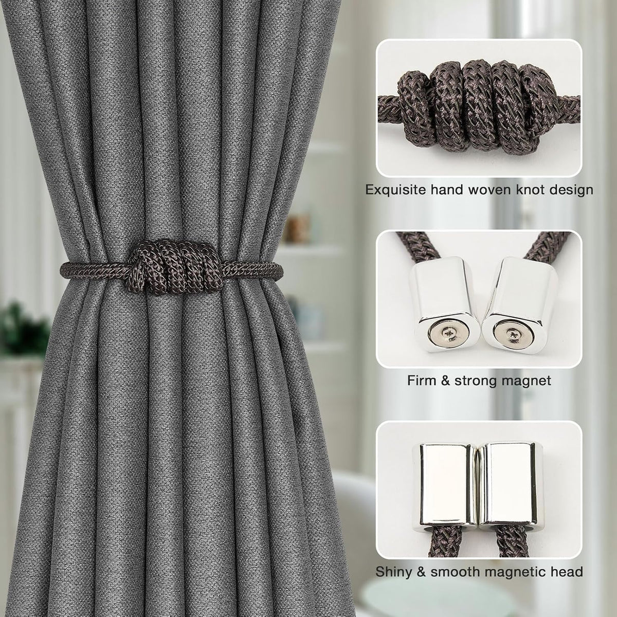 NICEEC 2 Pack Mini Magnetic Curtain Tiebacks Modern Simple Style Drape Tie Backs Elegant Hand Weave Rope Knot Decorative Curtain Holdbacks for Home & Office Window Drapery (Dark Grey)