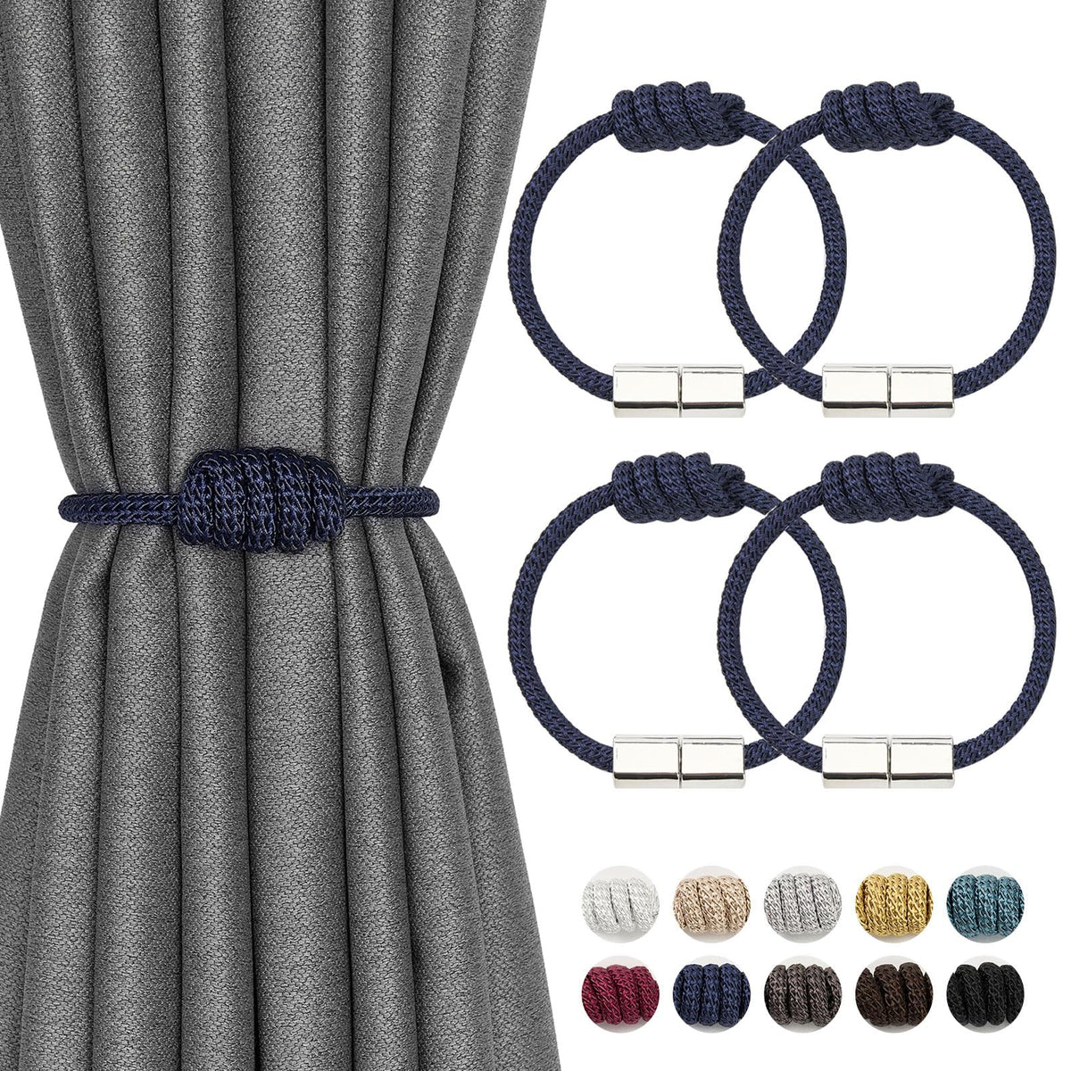NICEEC 2 Pack Mini Magnetic Curtain Tiebacks Modern Simple Style Drape Tie Backs Elegant Hand Weave Rope Knot Decorative Curtain Holdbacks for Home & Office Window Drapery (Dark Grey)