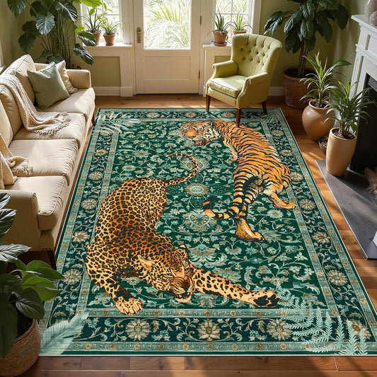 Joydeco Tiger Cheetah Animal Print 5x7 Washable Rug for Living Room Bedroom