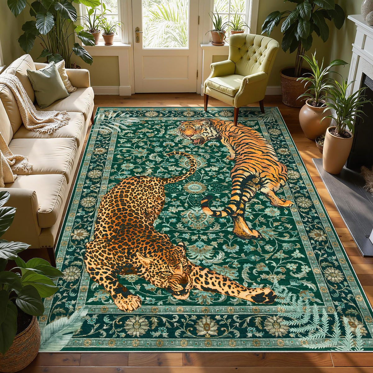 Joydeco Tiger Cheetah Animal Print 5x7 Washable Living Room Bedroom Rug
