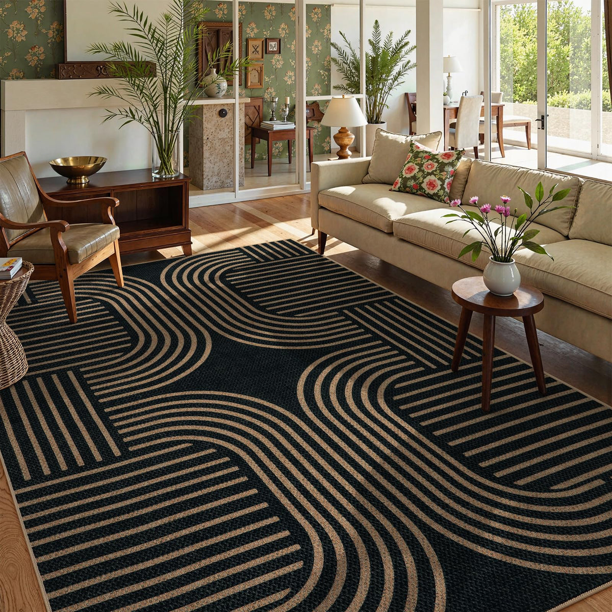 Lahome Modern Rainbow Easy Jute Carpet, Washable 5x7 Area Rugs for Living Room Patio Black Farmhouse Indoor Outdoor Rugs, Contemporary Natural Non Slip Floor Carpet for Office RV Backyard