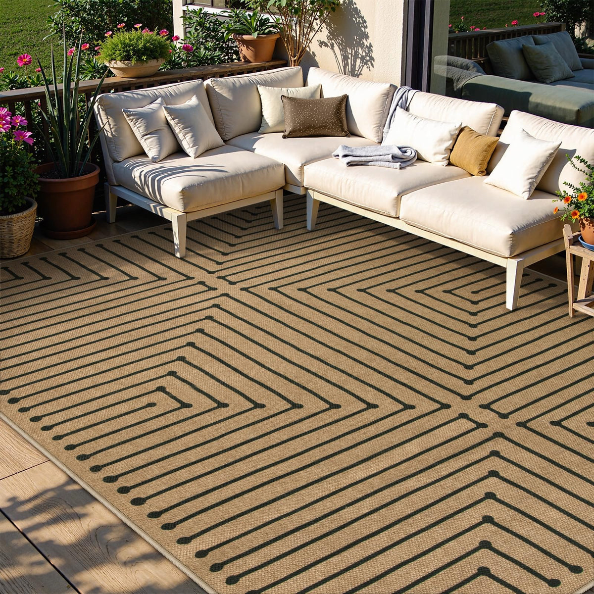 Lahome Modern Rainbow Easy Jute Carpet, Washable 5x7 Area Rugs for Living Room Patio Black Farmhouse Indoor Outdoor Rugs, Contemporary Natural Non Slip Floor Carpet for Office RV Backyard