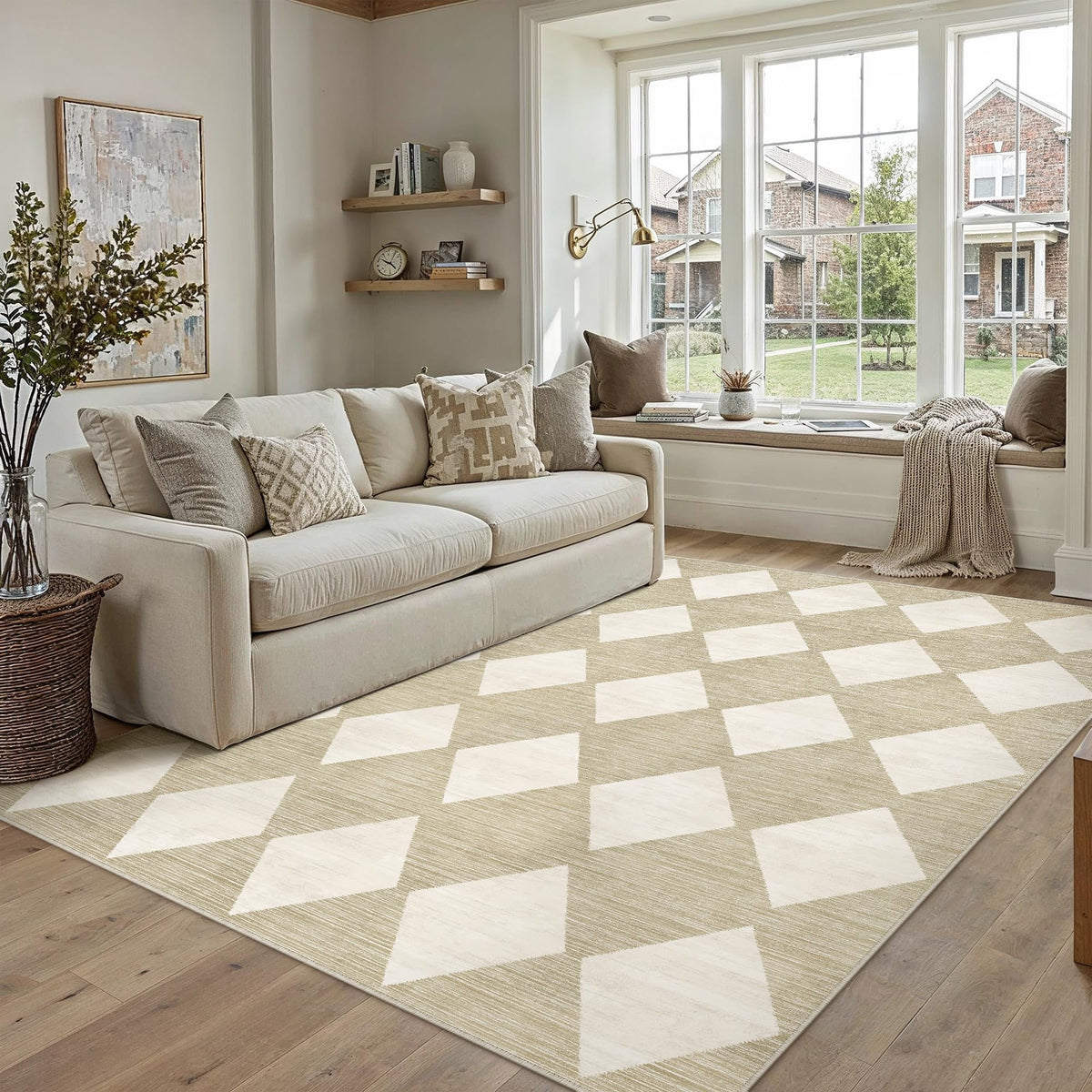 PureCozy 8x10 Washable Area Rug Living Room Beige Non Slip Checkered Carpet