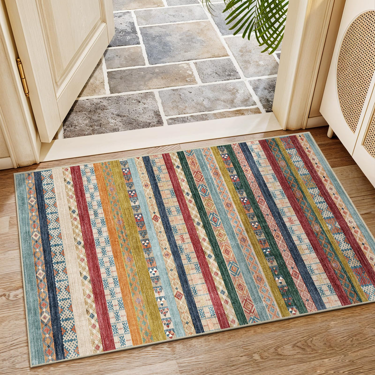 5x7 Washable Area Rug for Living Room - Non-Slip Geometric Rugs Blue Grey