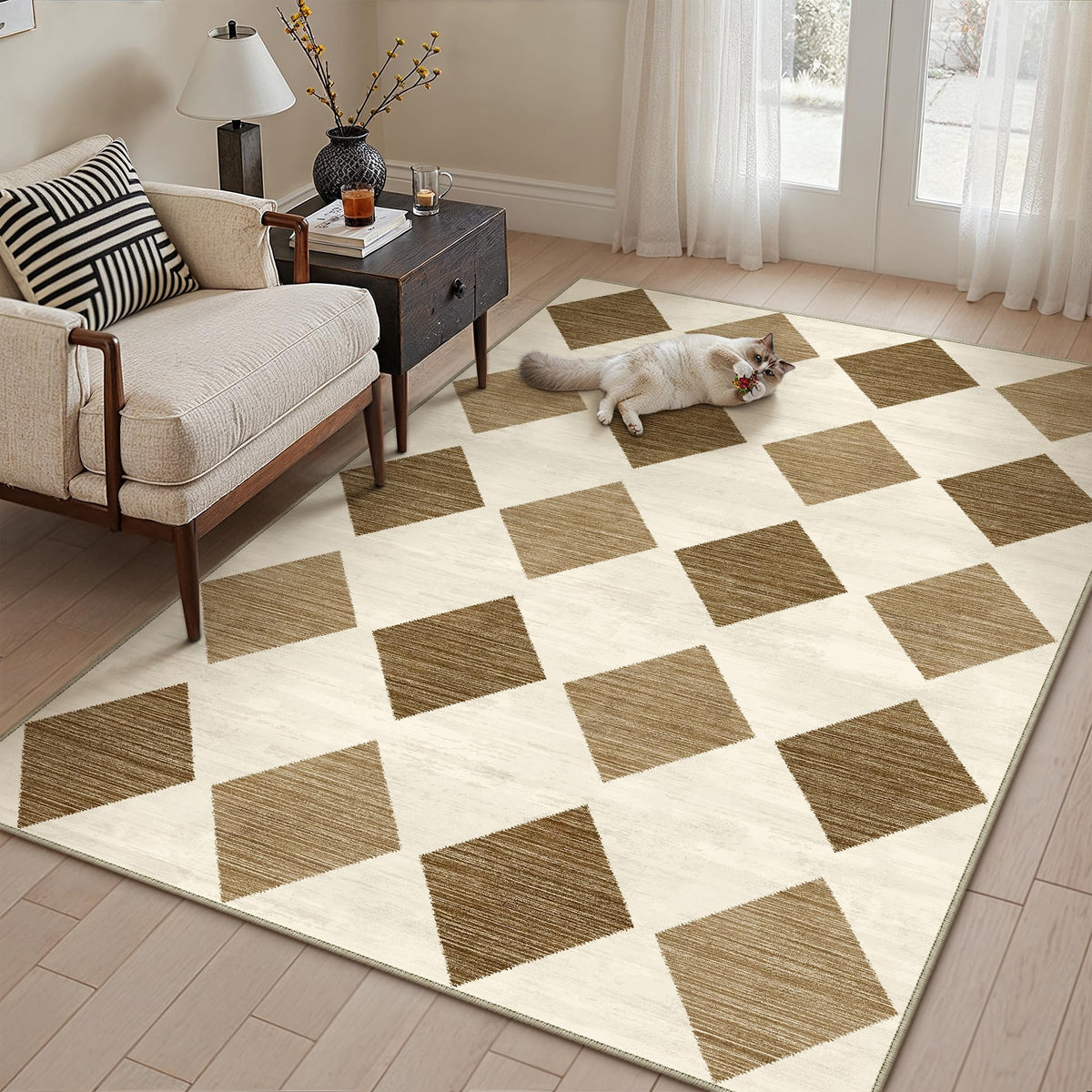 PureCozy 8x10 Washable Area Rug Living Room Beige Non Slip Checkered Carpet