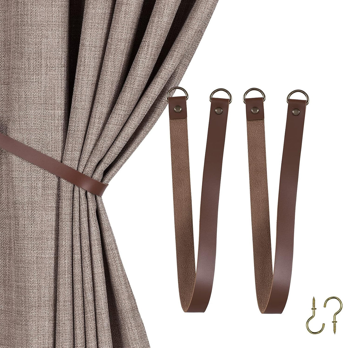 HOME QUEEN Faux Leather Curtain Tiebacks with Hooks, 2 Pack, Chocolate