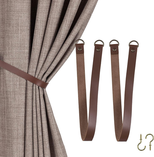 HOME QUEEN Faux Leather Curtain Tiebacks with Hooks, 2 Pack, Chocolate