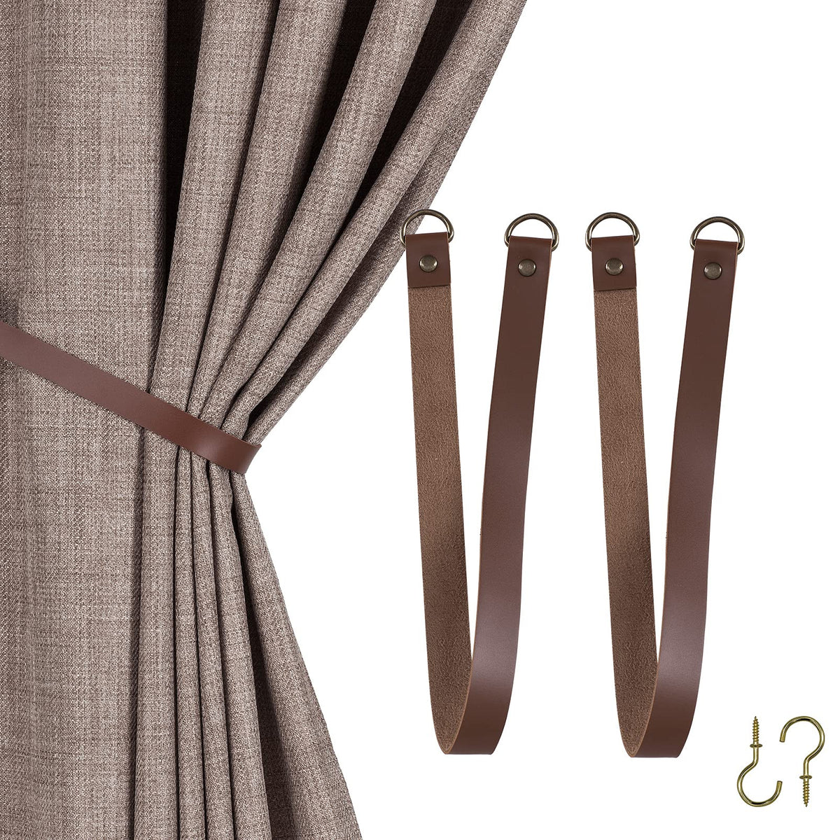 HOME QUEEN Faux Leather Curtain Tiebacks with Hooks, 2 Pack, Chocolate