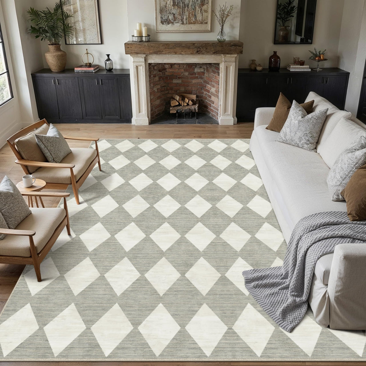 PureCozy 8x10 Washable Area Rug Living Room Beige Non Slip Checkered Carpet