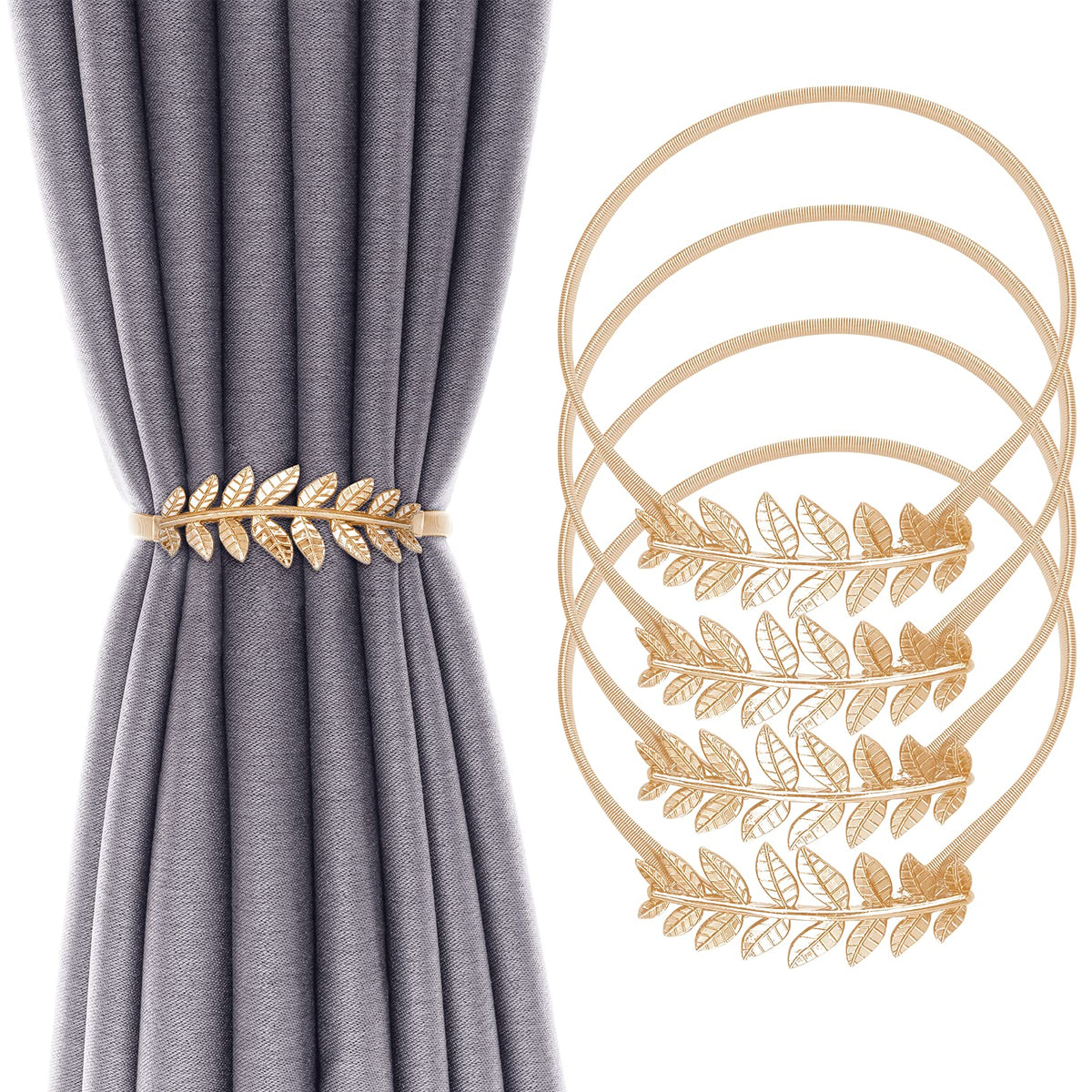4Pack Curtain Tiebacks Aluminum Alloy Spring Design Curtain Holdback Leaf Carving Design Curtain Ties for Drapes Curtain Ties Backs Curtain Modern Style Curtain Holdback Decor(Gold Leaf)