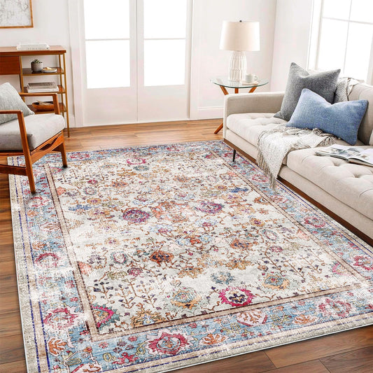 CHAMPLANT Washable Area Rug Vintage 6'x9' Light Traditional Floor Cover Thin Rug Retro Kitchen Indoor Distressed Non Slip Carpet Floral Print Mat Living Room Bedroom Dining Room
