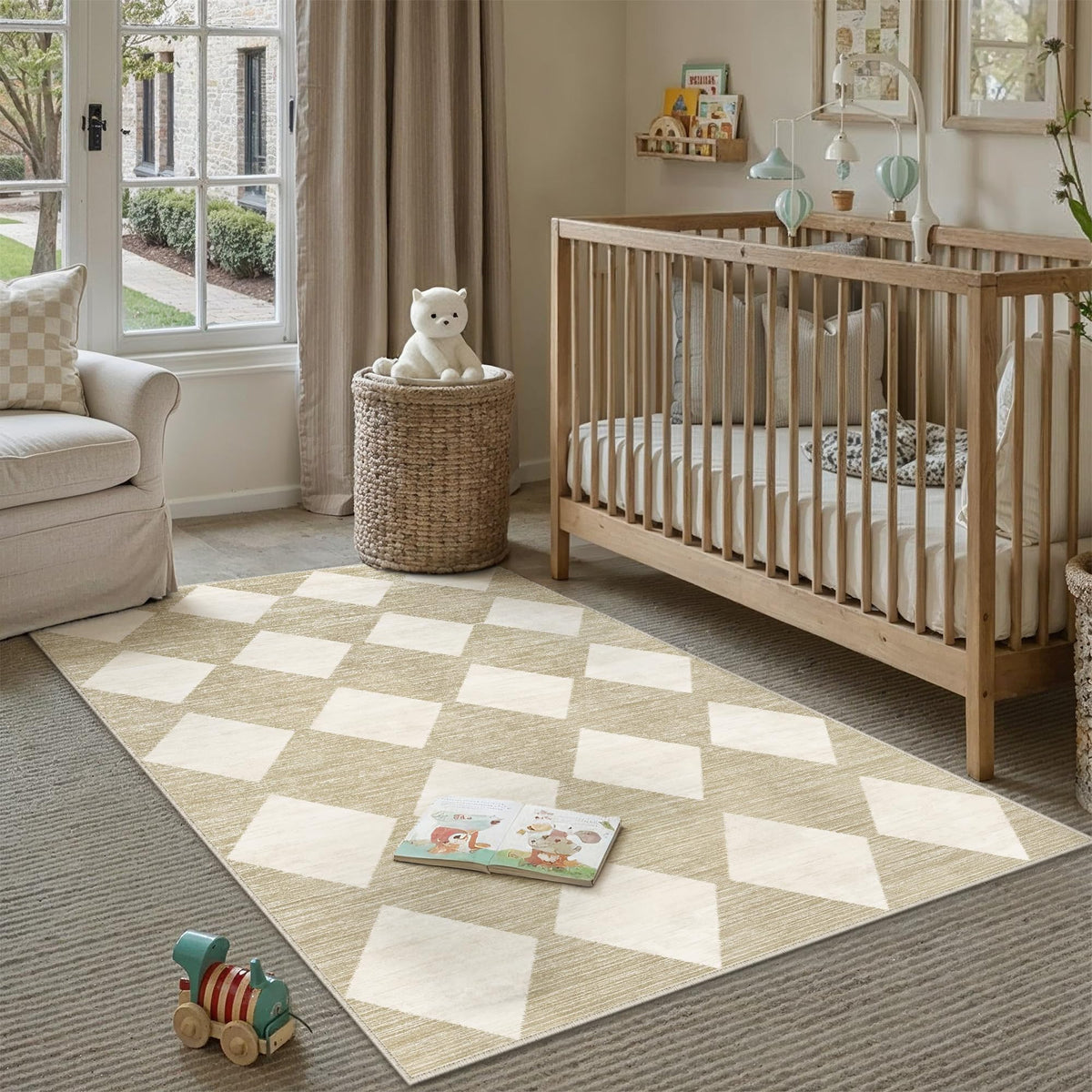 PureCozy 8x10 Washable Area Rug Living Room Beige Non Slip Checkered Carpet