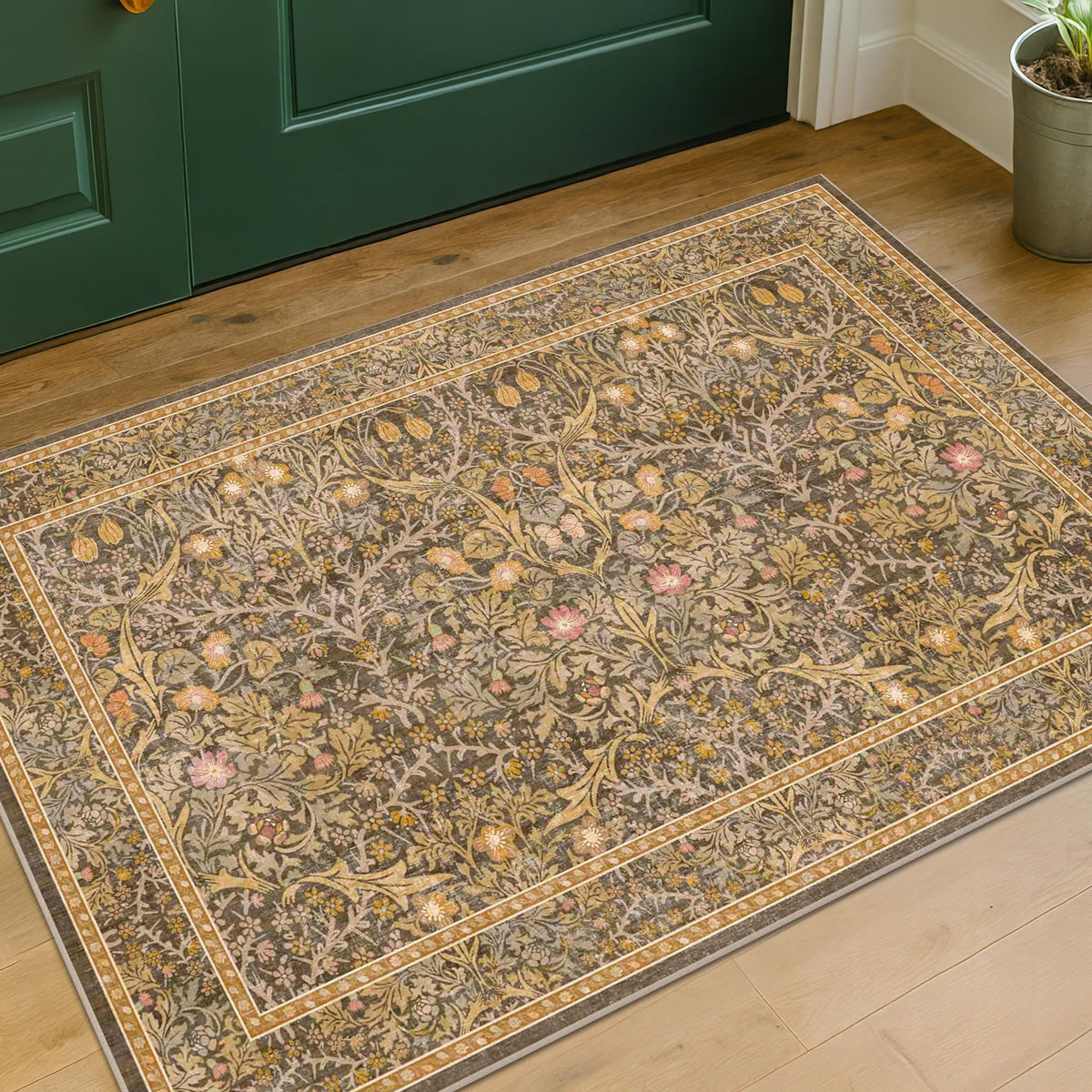 Floral Dark Green Washable Area Rugs 8x10, Vintage Living Room Rug