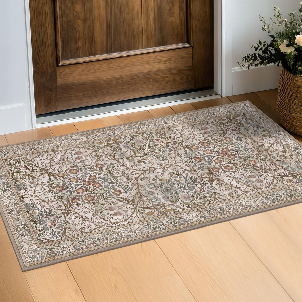 Floral Dark Green Washable Area Rugs 8x10, Vintage Living Room Rug