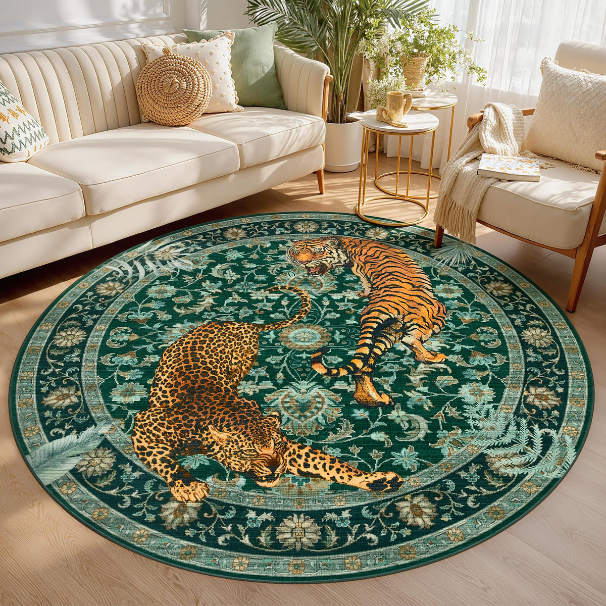 Joydeco Tiger Cheetah Animal Print 5x7 Washable Rug for Living Room Bedroom
