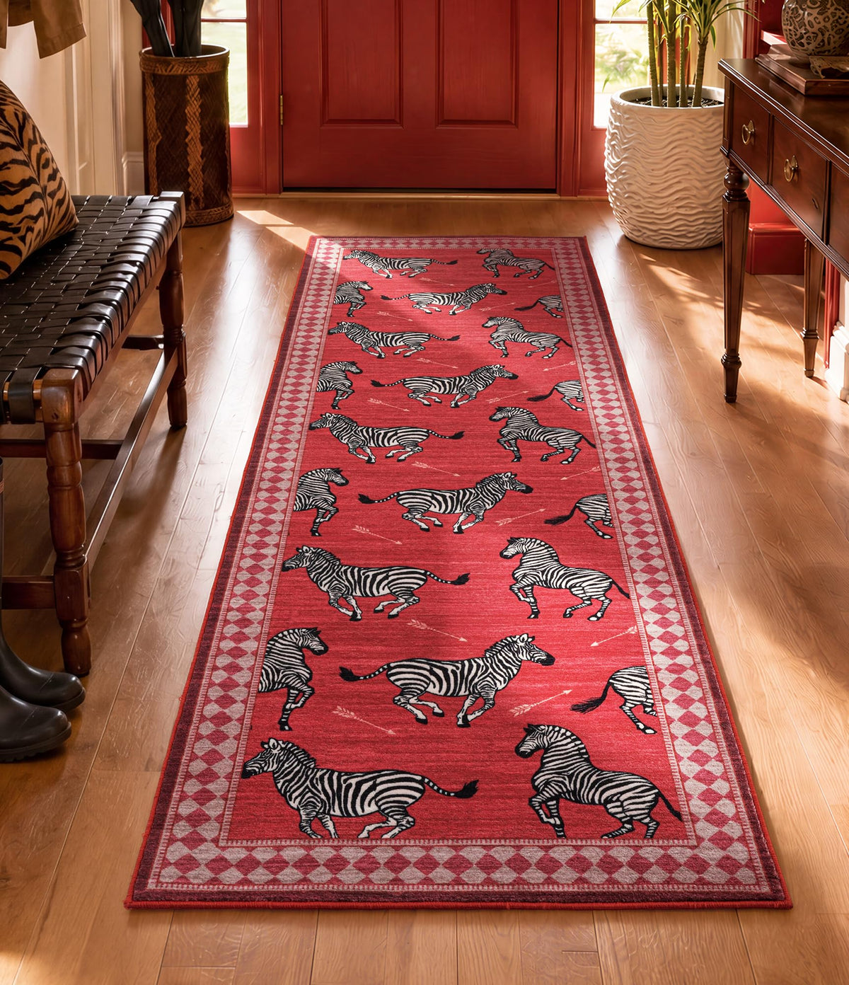 YIHOUSE Red Zebra Area Rugs 5×7, Washable Animal Print Rug with Checkered Border, Non-Slip Low Pile Mid-Century Modern Carpet for Living Room, Bedroom, Dining Room, Home Decor