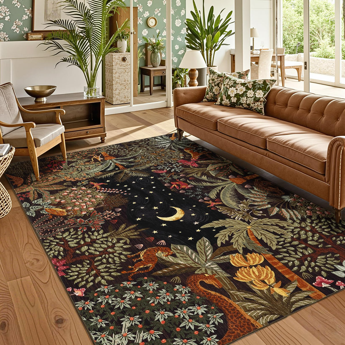 GarveeHome 5x7 Jungle Area Rug Washable Rugs for Living Room Bedroom, Soft Low Pile Non Slip Accent Floor Mat Animal Print Throw Rug Indoor Carpet Dining Room Playroom