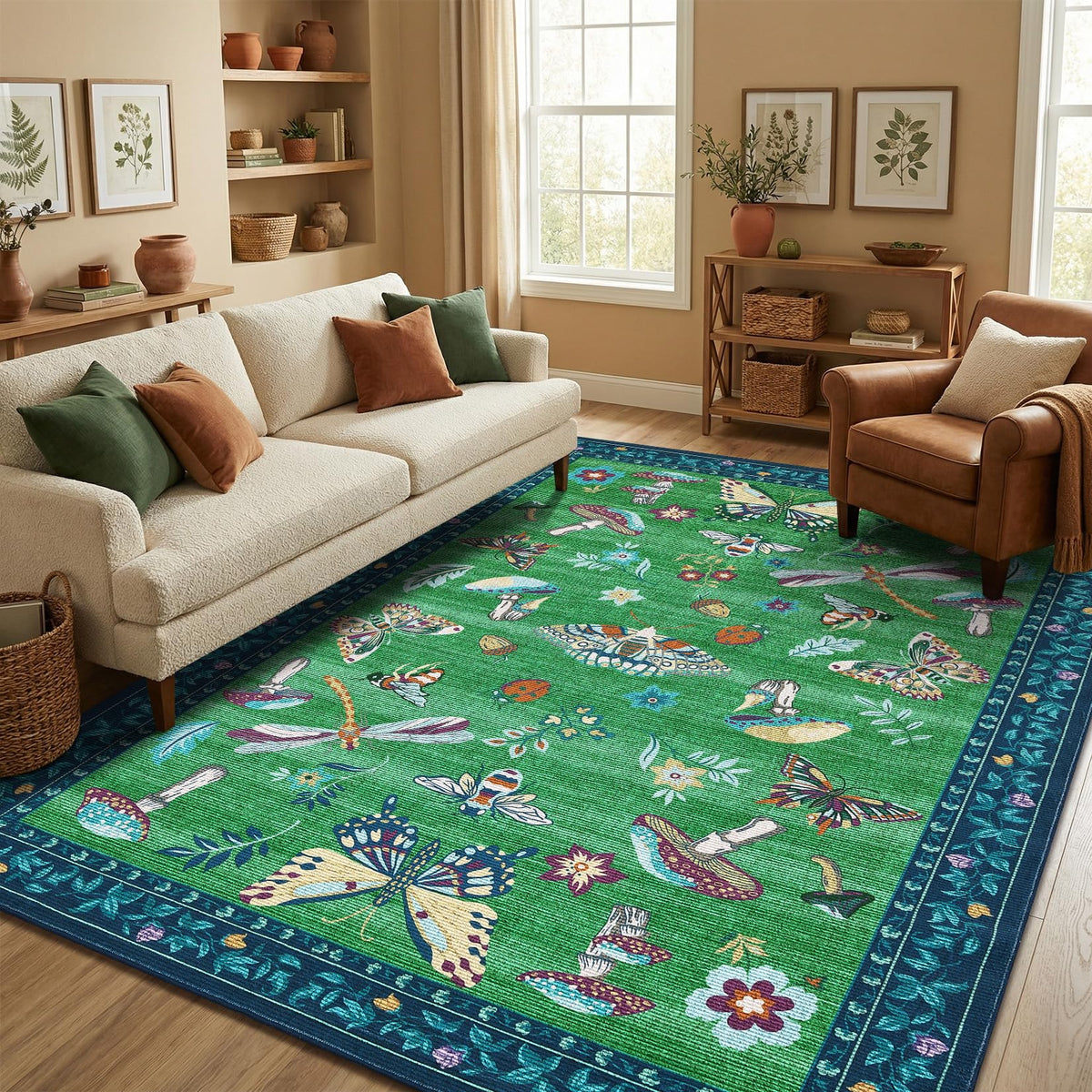 ROYHOME Mushroom Insect Washable Rug 5x7 for Bedroom Living Room Brown