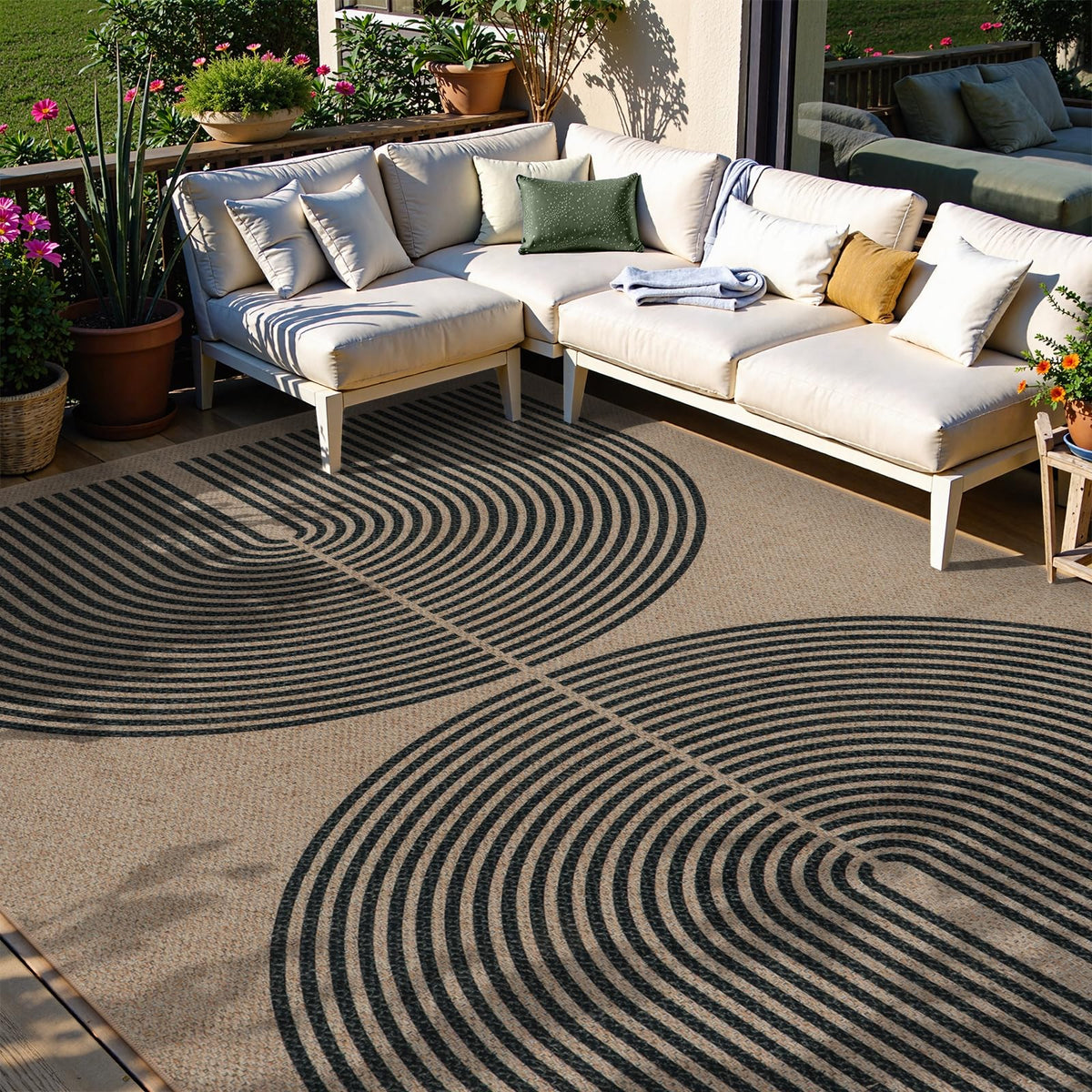 Lahome Modern Rainbow Easy Jute Carpet, Washable 5x7 Area Rugs for Living Room Patio Black Farmhouse Indoor Outdoor Rugs, Contemporary Natural Non Slip Floor Carpet for Office RV Backyard