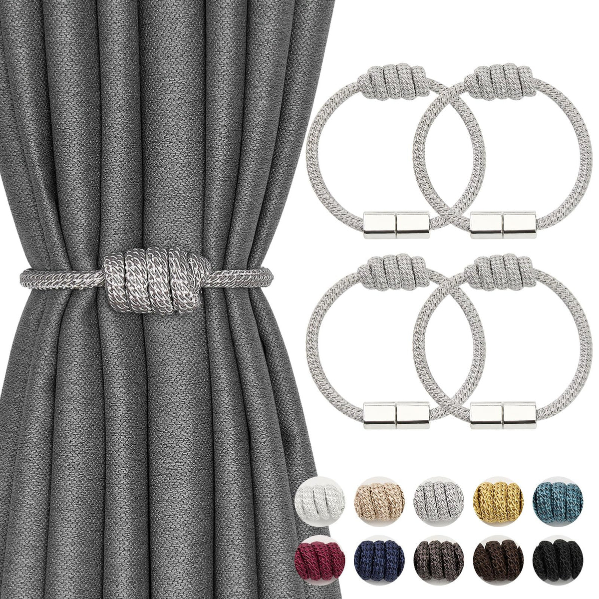 NICEEC 2 Pack Mini Magnetic Curtain Tiebacks Modern Simple Style Drape Tie Backs Elegant Hand Weave Rope Knot Decorative Curtain Holdbacks for Home & Office Window Drapery (Dark Grey)