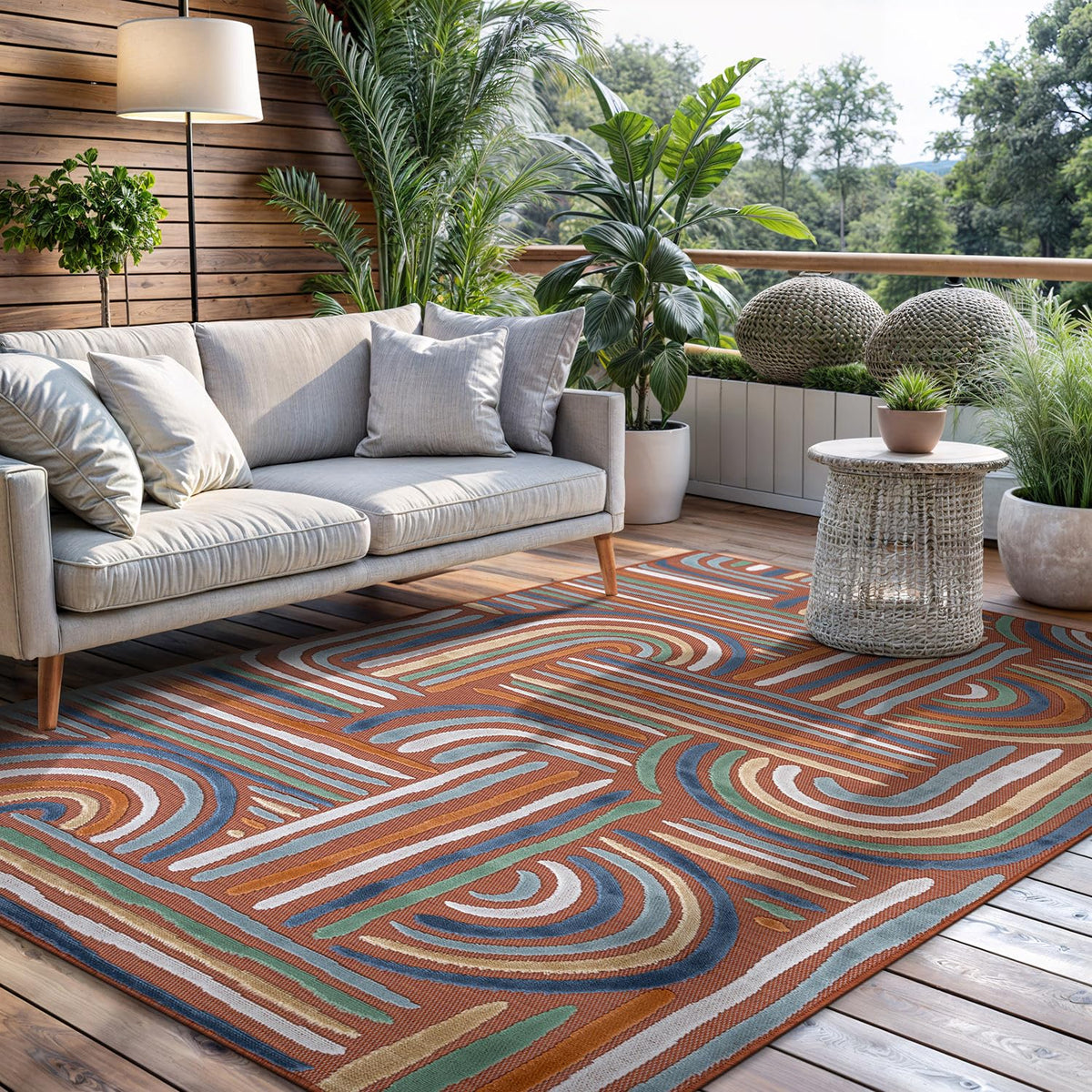 CAMILSON Indoor Outdoor Rug, Multicolor 6x9 Geometric Arch Striped Area Rugs for Patio and Home Areas, Easy-Cleaning Non-Shedding Living Room, Garden and Deck Washable Outside Carpet (6 x 9)