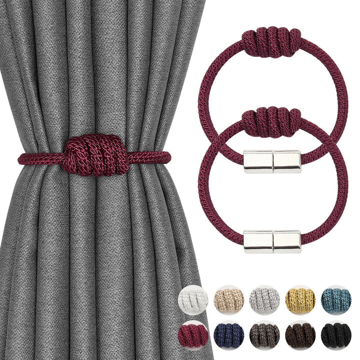 NICEEC 2 Pack Mini Magnetic Curtain Tiebacks Modern Simple Style Drape Tie Backs Elegant Hand Weave Rope Knot Decorative Curtain Holdbacks for Home & Office Window Drapery (Dark Grey)