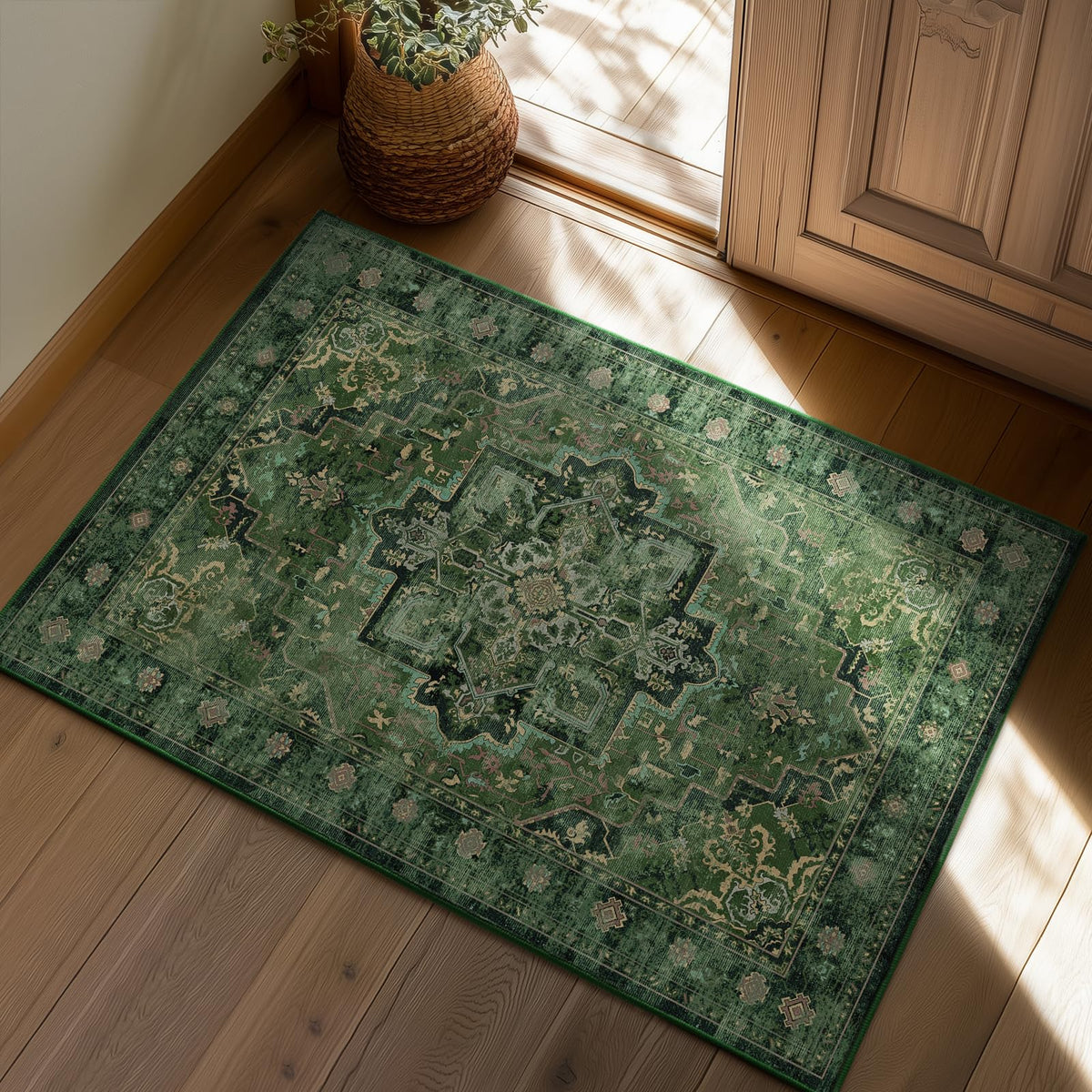 Vintage Distressed 5x7 Area Rugs for Living Room Bedroom Non Slip Washable, Medallion Pattern Printed Low Pile Thin Carpet Rugs for Dining Room/Kitchen/Home Office, Multi Brown Olive Accents