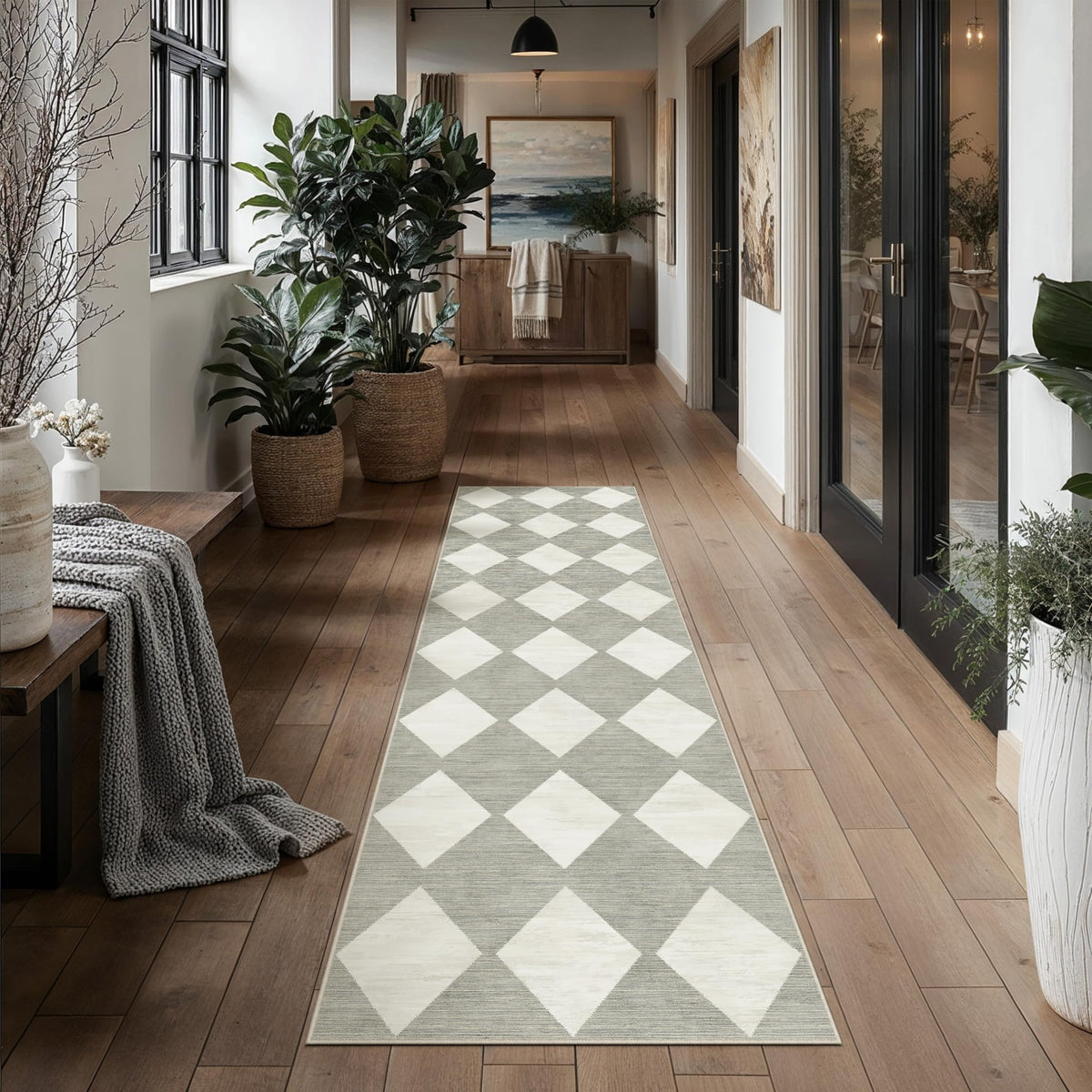 PureCozy 8x10 Washable Area Rug Living Room Beige Non Slip Checkered Carpet