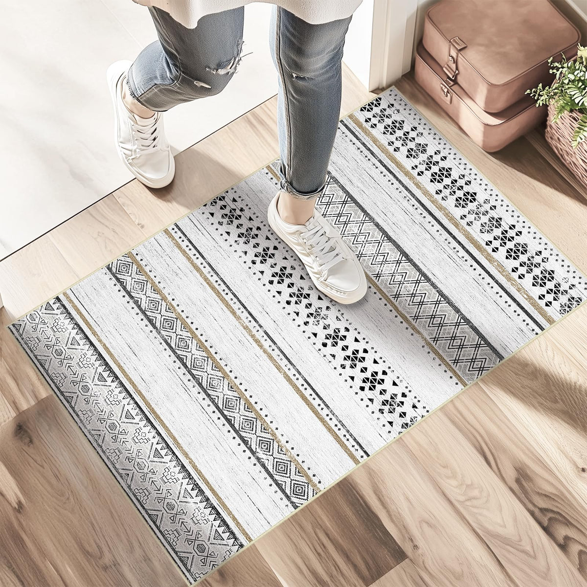 8x10 Washable Area Rugs for Living Room Boho Bedroom Rug Black/Brown