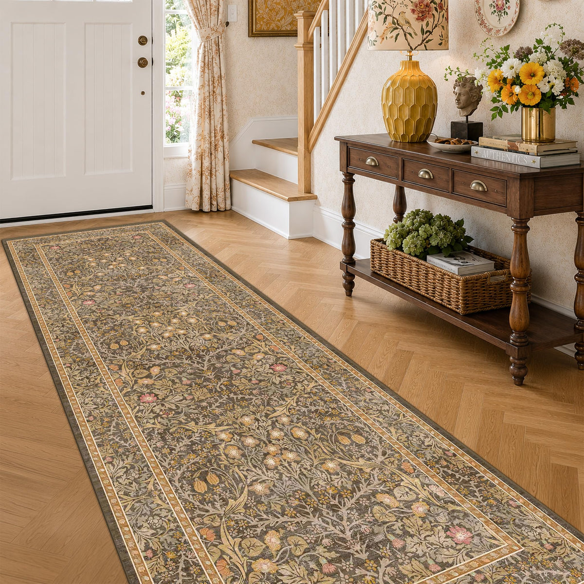 Floral Dark Green Washable Area Rugs 8x10, Vintage Living Room Rug