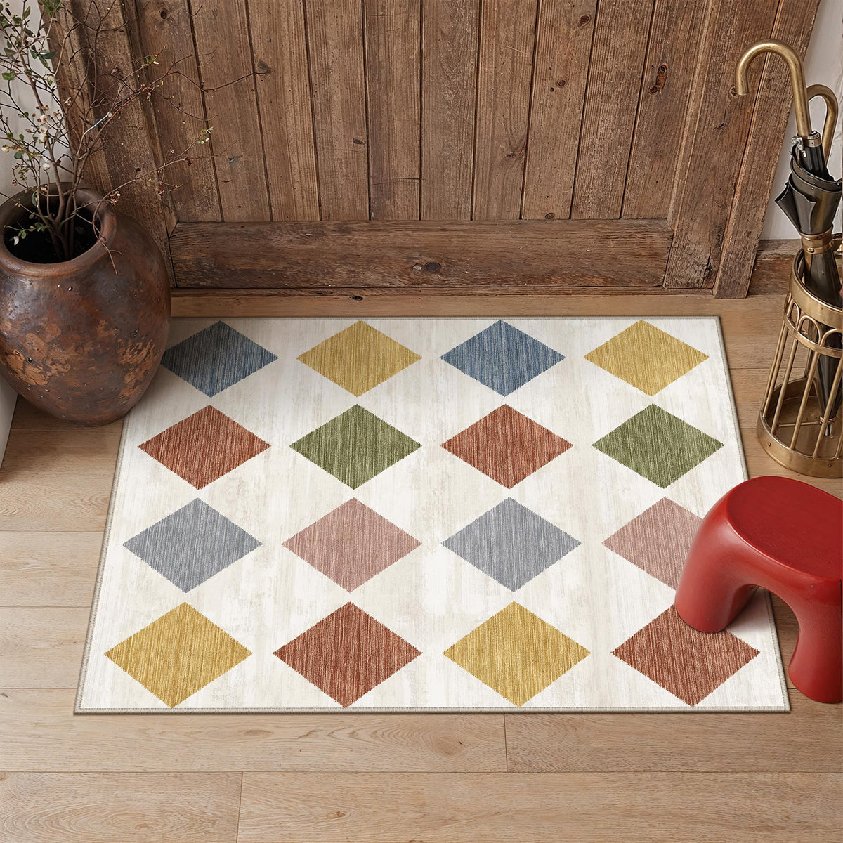PureCozy 8x10 Washable Area Rug Living Room Beige Non Slip Checkered Carpet