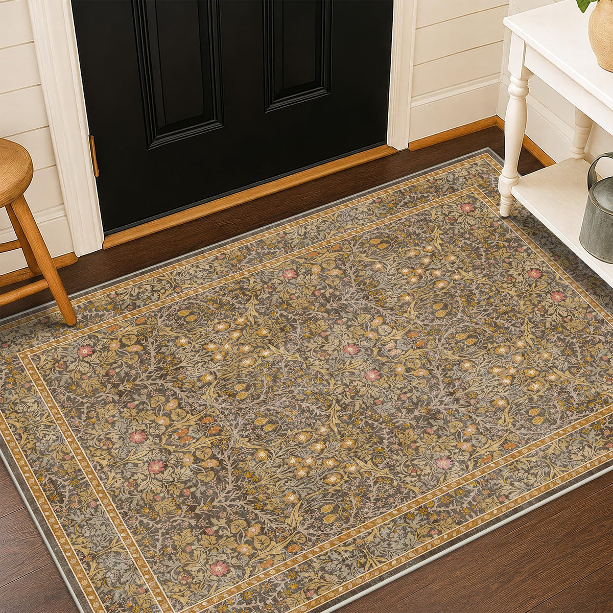 Floral Dark Green Washable Area Rugs 8x10, Vintage Living Room Rug