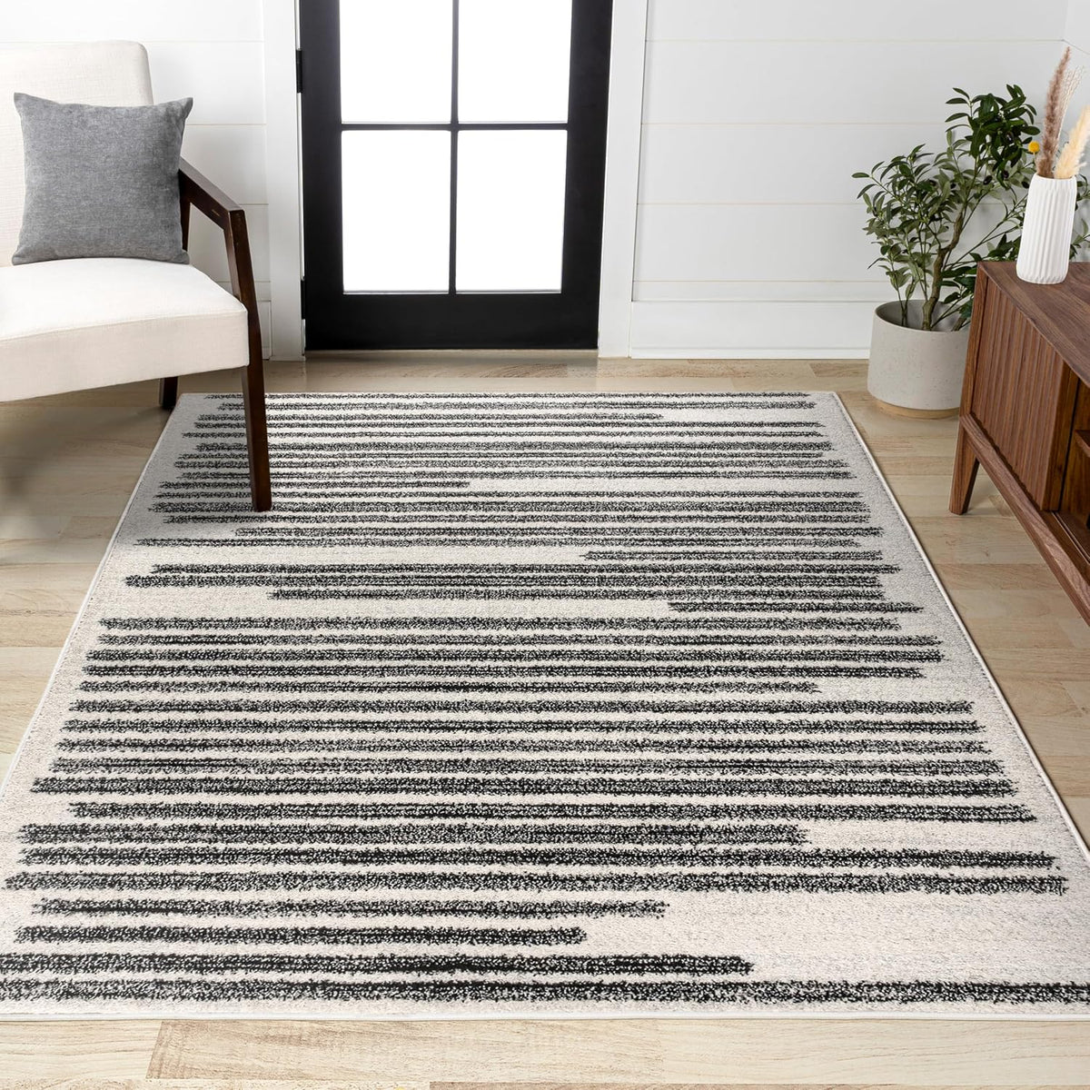 JONATHAN Y Khalil Modern Berber Stripe Cream/Black Indoor Area Rug, 8x10, Contemporary, Bohemian, Easy-Cleaning for Living Room, Bedroom, Kitchen, Pet Friendly, Non-Shedding (MOH207A-8)