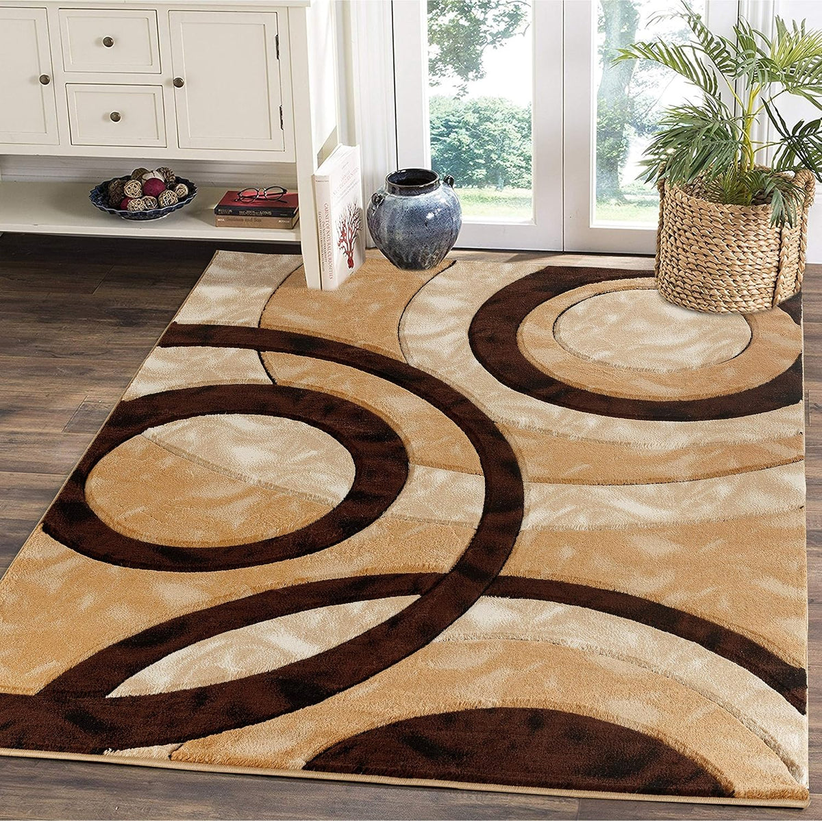GLORY RUGS Area Rug Modern 5x7 Brown Circles Geometry Soft Hand Carved Contemporary Floor Carpet Fluffy Texture for Indoor Living Dining Room and Bedroom Area