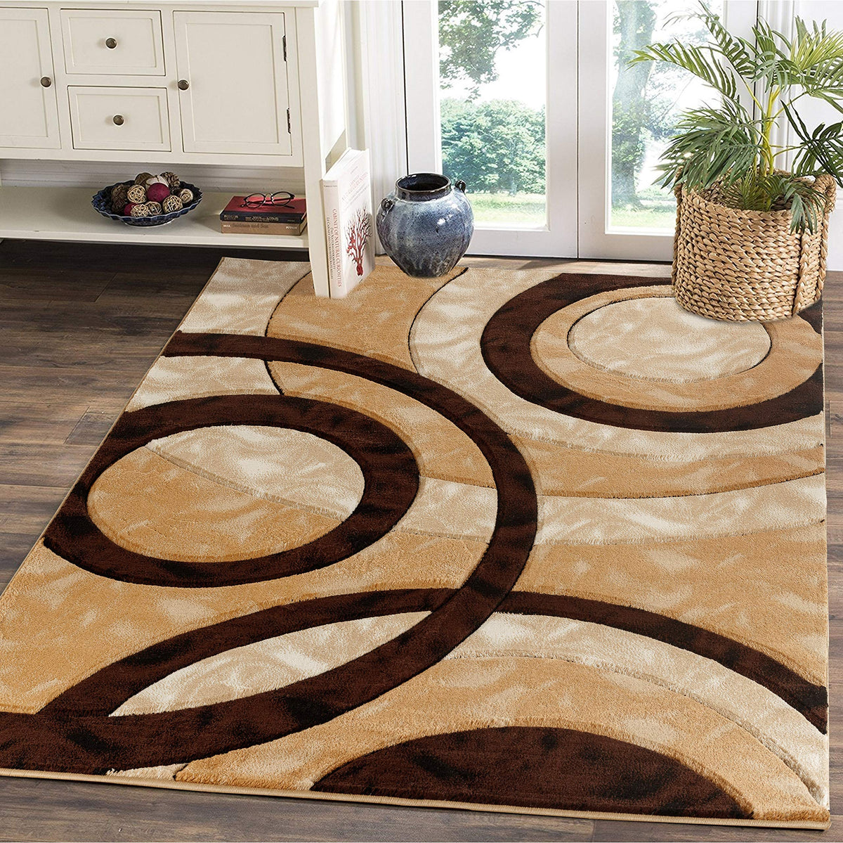 GLORY RUGS Area Rug Modern 5x7 Brown Circles Geometry Soft Hand Carved Contemporary Floor Carpet Fluffy Texture for Indoor Living Dining Room and Bedroom Area