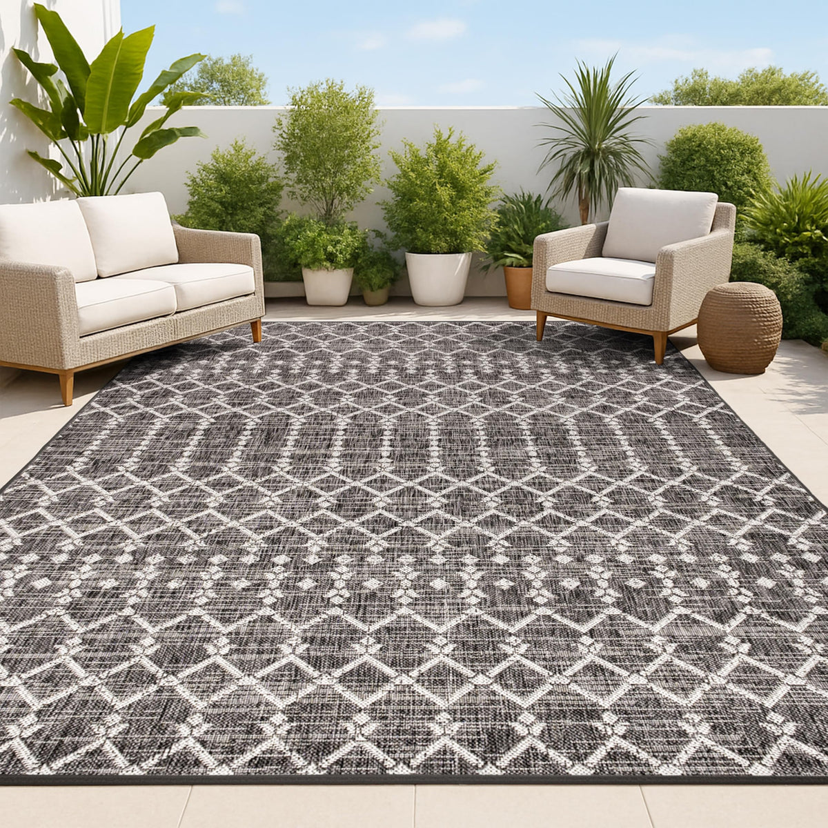 JONATHAN Y Moroccan Geometric Indoor Outdoor Area Rug 8X10 Natural/Black, Ourika Textured Weave for Backyard, Patio, Porch, Easy-Cleaning, High Traffic, Pet-Friendly, Non-Shedding (SMB108D-8)