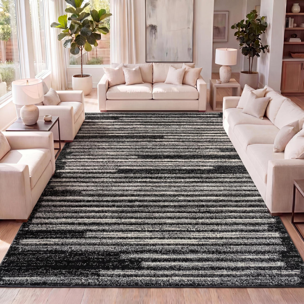 JONATHAN Y Khalil Modern Berber Stripe Cream/Black Indoor Area Rug, 8x10, Contemporary, Bohemian, Easy-Cleaning for Living Room, Bedroom, Kitchen, Pet Friendly, Non-Shedding (MOH207A-8)