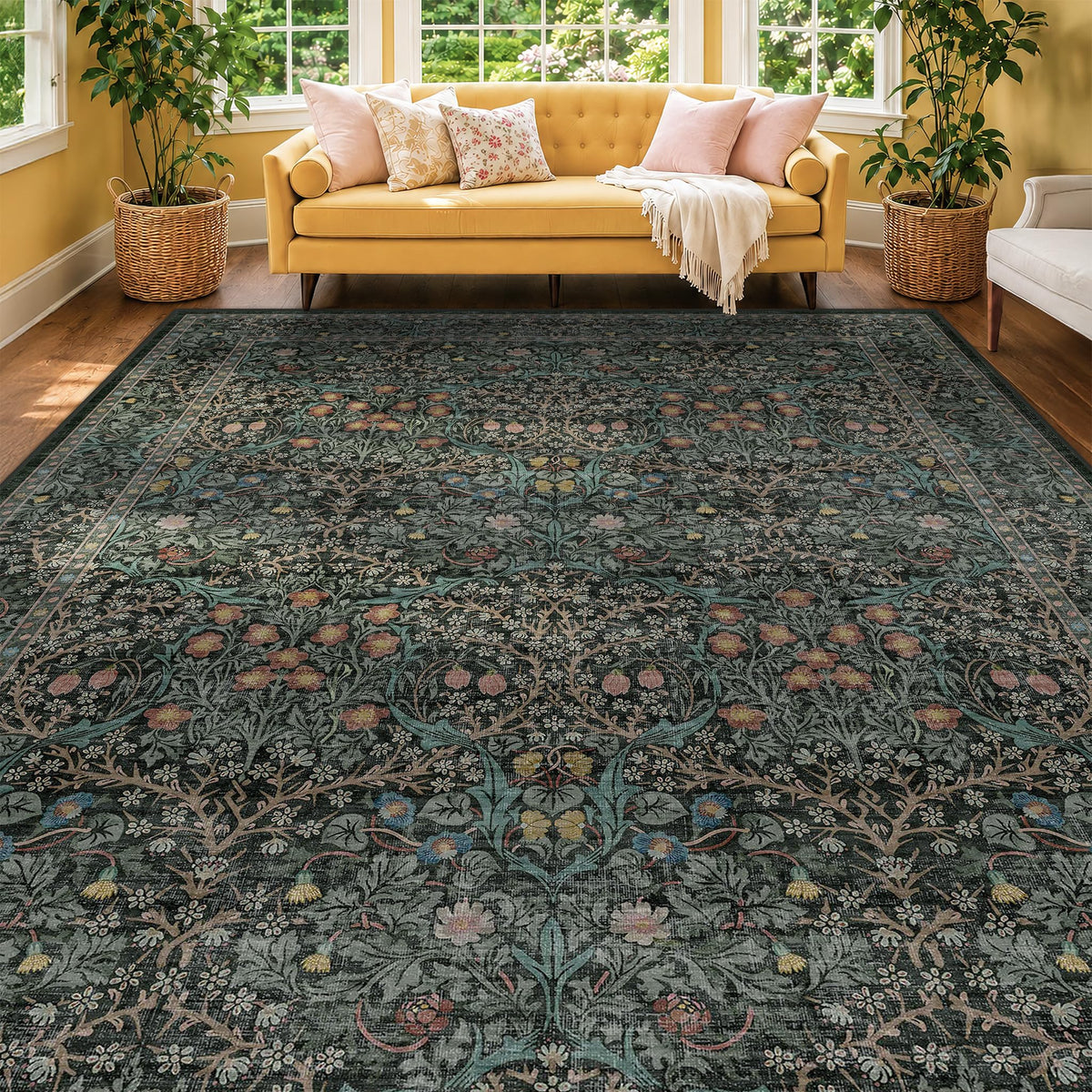 Floral Dark Green Washable Area Rugs 8x10, Vintage Living Room Rug
